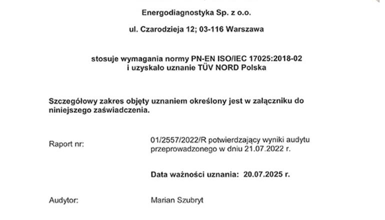 certyfikat TUV na zgodność z normą PN-EN ISO 17025:2018