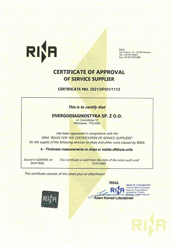 certyfikat RINA